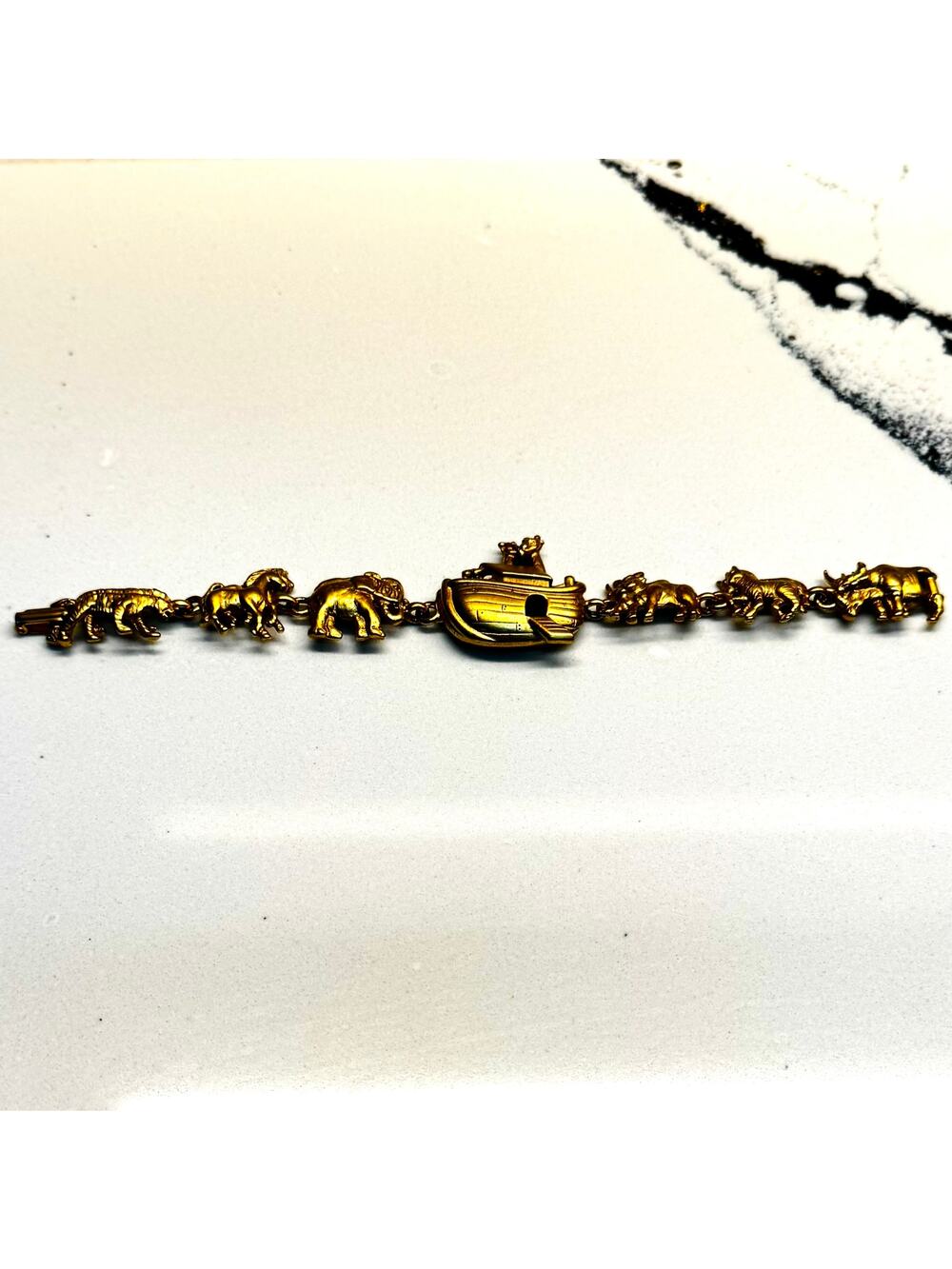 AJC Noah's Ark Animal Link Bracelet Gold Tone Vintage NOS Signed Religious Bible